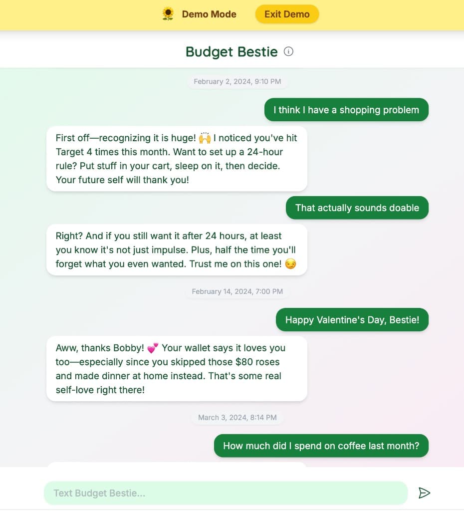 Budget Bestie chat coaching through spending habits
